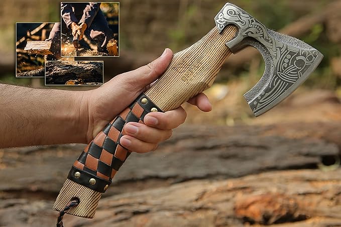 13??Inch Valhalla Axe ??Carbon Steel Viking Axe Head with Engraved Handle, Hatchet Axe with Genuine Leather Sheath and Wrap, Camping Axe, Throwing Axe -Viking Gift for Men