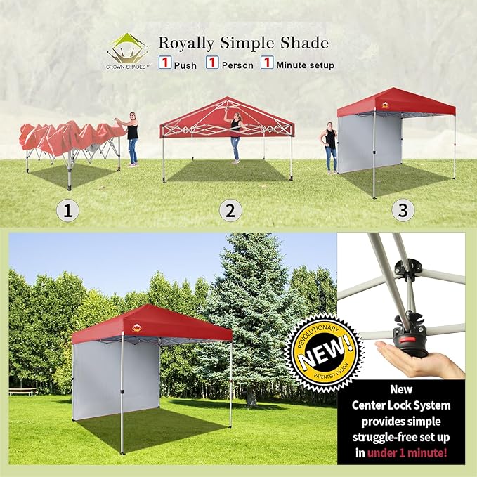 CROWN SHADES 8x8 Pop Up Canopy with 1 Side Wall - Beach Tent with One Push Setup - Outdoor Sun Shade for Events, Parties, Camping - Gazebo with STO-N-Go Cover Bag (Red)