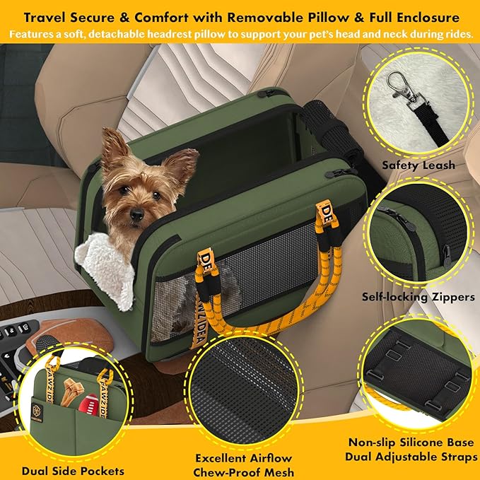 PAWZIDEA Center Console Dog Car Seat, Enclosed Secure Armrest Booster Seat for Small Dogs & Cats up 12lbs, Soft-Sided Travel Pet Carrier Safety Straps, Removable Pillow, Storage Pocket, Shoulder Strap