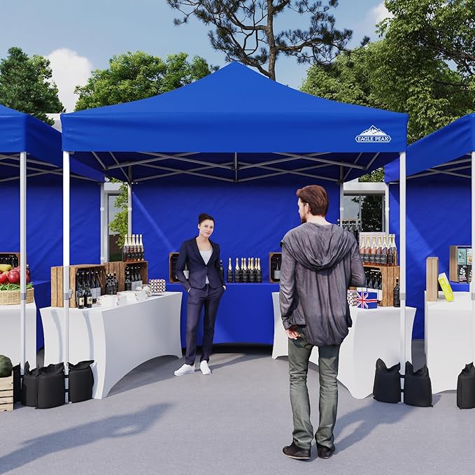 EAGLE PEAK 10x10 Heavy Duty Pop up Commercial Canopy Tent with One Removable Sidewall, Instant Sun Shelter with Roller Bag, 4 Sandbags, Blue