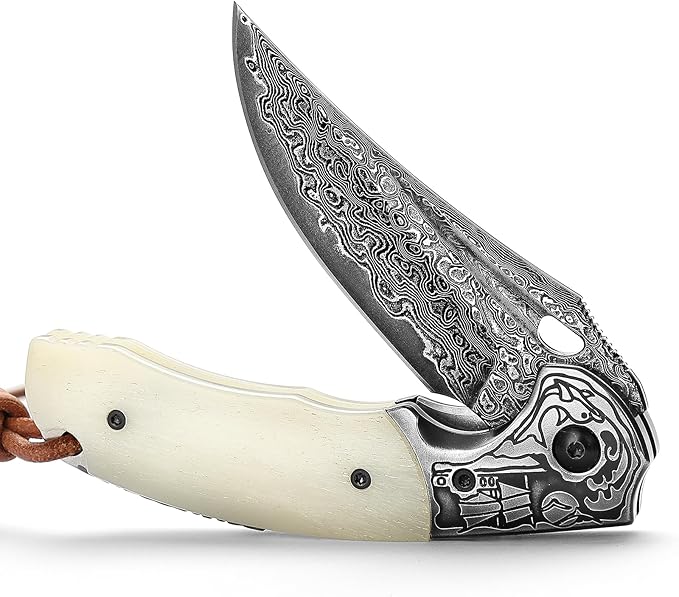 Pocket EDC Knife for Men, Folding Knife with Clipï¼?3.15" Damascus Steel Blade,OX Bone Handle, Leather Sheath for Camping Hiking knife,Puppis-02W