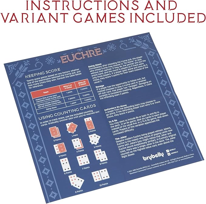 Brybelly Euchre Card Game - 2 Specialty Decks Pre-Stripped for Classic American Euchre or 6-Player Variant - Custom Bower Jacks & Blank Counter Cards Included