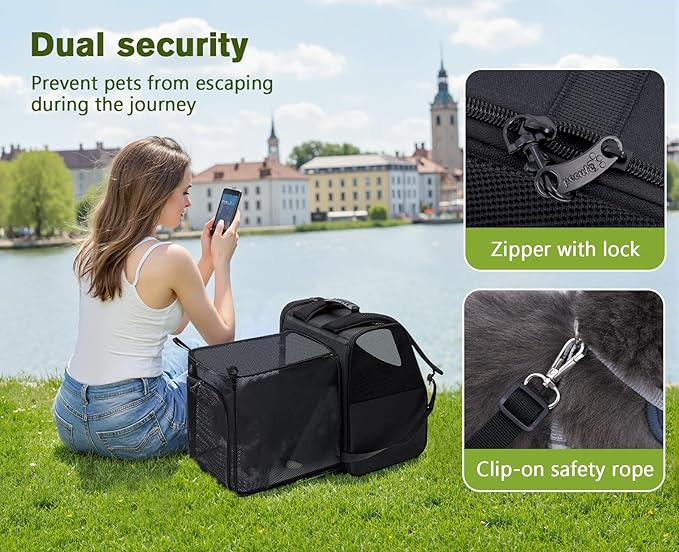 Pecute Cat Backpack Carrier, Expandable Cat Backpack for Cats Dogs up to 11 lbs, Pet Travel Backpack for Small Dogs Medium Cats, Cat Carrier with Ventilated Mesh, Safety Leash, Hiking Outdoor, Black