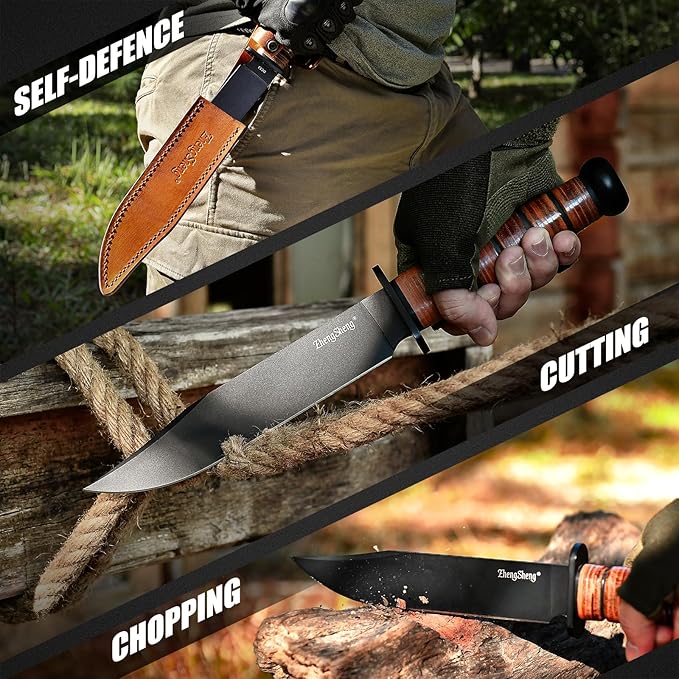 Fixed Blade Knife, 8.0??Black Titanium PVD Coating DC53 Steel Blade Hunting Knives with Leather Sheath, Ergonomic Handle Bushcraft Bowie Knife for Camping, Hiking
