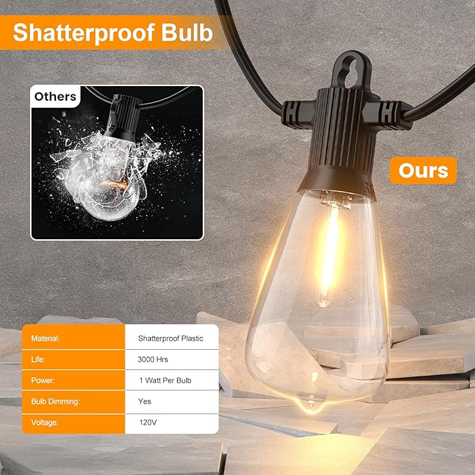 ZOTOYI Outoor String Lights, 25FT Waterproof Patio Lights with 13 (1 Spare) LED ST38 Vintage Edison Shatterproof Bulbs Outside Hanging Light for Backyard, Cafe, Porch, Gazebo Dimmable 2700K