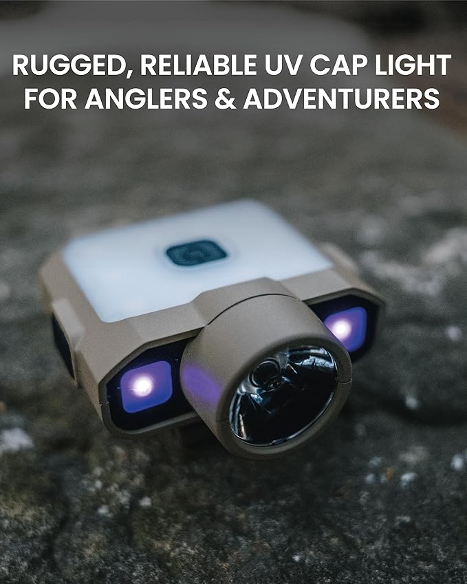Claymore Capon 120D UV (Tan) - LED Rechargeable Clip-On Cap Headlamp, Lightweight Hat Light for Camping, Running, Hiking, Emergency & Industrial Use, Waterproof, Up to 45 Hours of Battery Life.