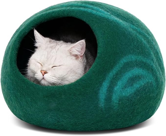 MEOWFIA Cat Cave ??Premium Felt Cat Bed for Indoor Cats, Handmade 100% Merino Wool (Medium, Emerald)
