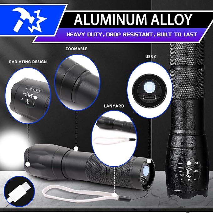 3 Pack LED Rechargeable Flashlight, Super Bright Small Mini Camping Flashlights Zoomable Beam, Convenient USB C Charging for Camping Hiking Outdoor Home Emergency