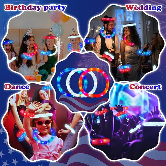 Red White Blue Glow Sticks 12 PCS, American Usa Flag Accessories Light up Bracelets Necklaces for Kids, Patriotic Decorations Party Favors Supplies Stuff Parade Camping Glow Toys Gifts for Toddlers