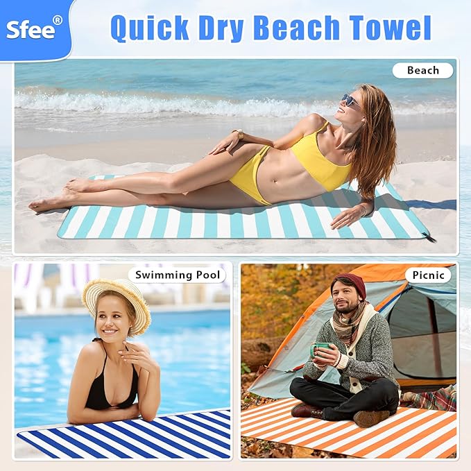 Sfee 2 in 1 Microfiber Oversized Beach Towel, Quick Dry Travel Towel Camping Towel Super Absorbent Compact Lightweight Sports Gym Towel for Beach,Gym, Hiking, Pool, Backpacking, Bath, Yoga