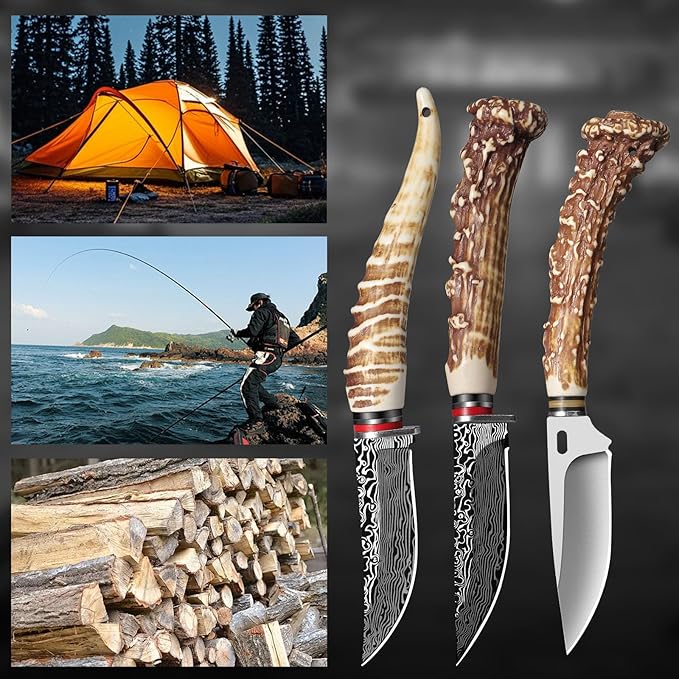Plys Fixed Blade Knife, Hunting knife set, survival knife, fixed blade knife with sheath, Imitation Antler Handle, self defense weapons, Hand Forged Stainless Steel Camping barbecue Meat knife