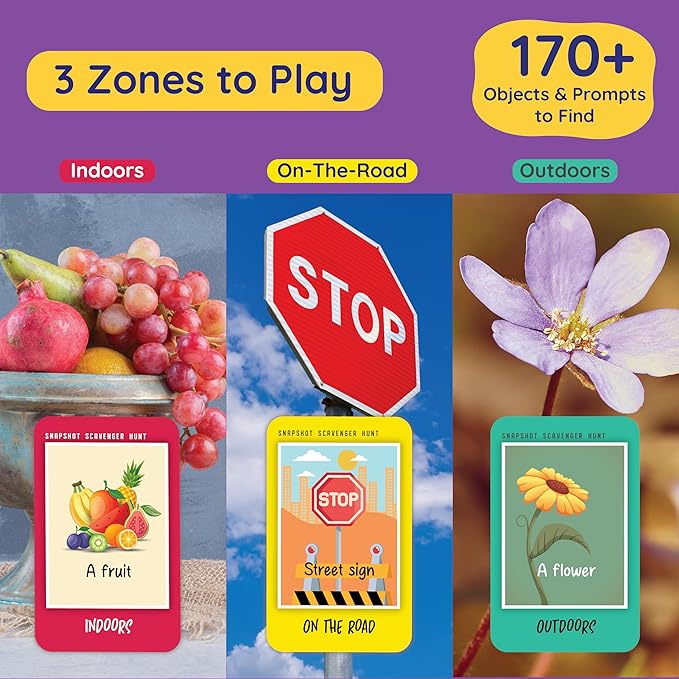 Snapshot Scavenger Hunt for Kids Ages 4-8, Indoor Outdoor Game. 170+ Objects & Prompts. Find and Seek Scavenger Hunt Card Game. Outdoor Activities and Scavenger Hunt for car Ride