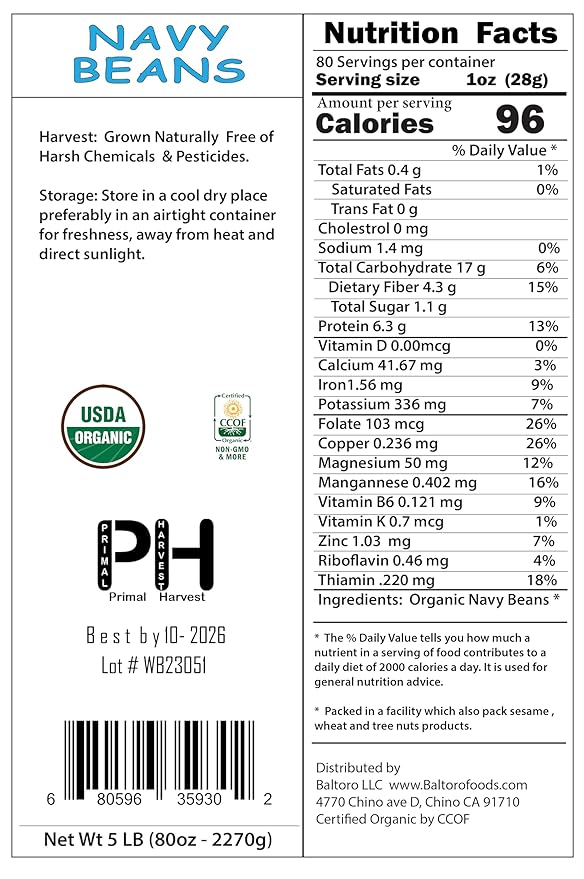 Primal Harvest Organic Navy Beans Raw non GMO Vegan Bulk - 18LB