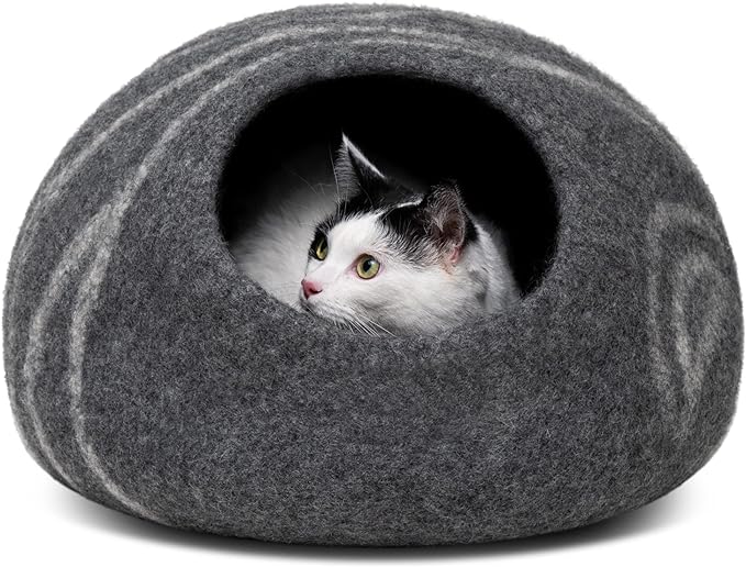 MEOWFIA Cat Cave – Premium Felt Cat Bed for Indoor Cats, Handmade 100% Merino Wool (Large, Dark Grey)