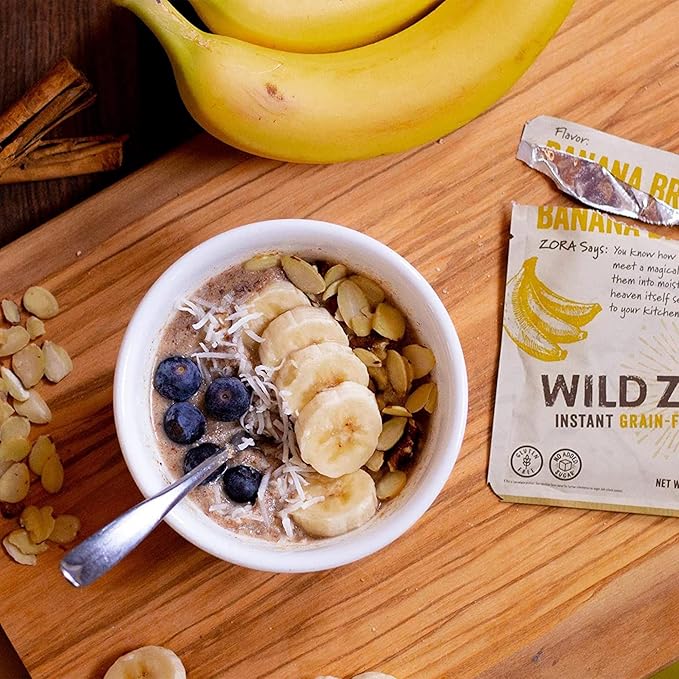 Wild Zora Instant Grain-Free Hot Cereal - Breakfast Cereals, Instant Hot Packets, Sugar, Grain, Dairy, Soy & Gluten Free, Morning Foods - Banana Bread with Bananas, Almonds & Cacao Nibs, 5-Pack, 50g