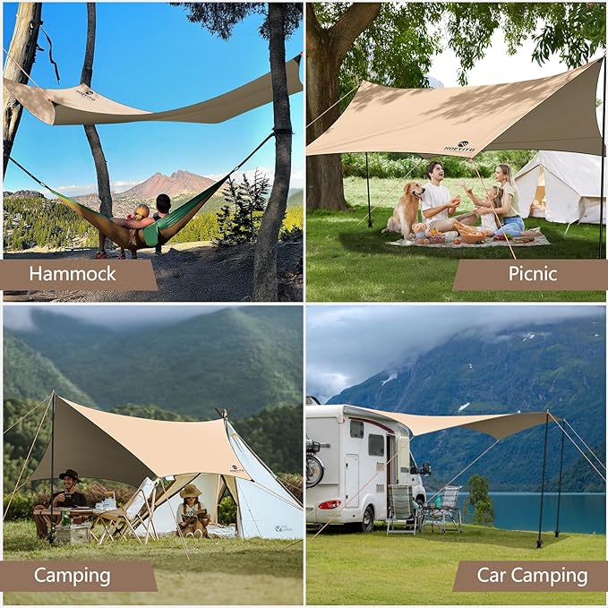 Camping Tarp with Poles & Retainer,15x12.5FT Large Waterproof 210D Oxford Cloth Camping Canopy, Anti-UV UPF100+ Tent Tarp for Outdoor, Picnic, Car, Hammock, Backpacking (Khaki)