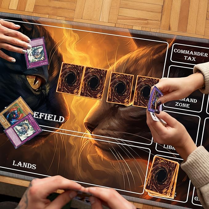 Playmat for MTG with Magic Zones, 24 x 14 inches Game Play Mat for MTG TCG, Trading Card Game Play Mat Desk Mats with Stitched Edges Non-Slip Base, Two Black Cats Facing