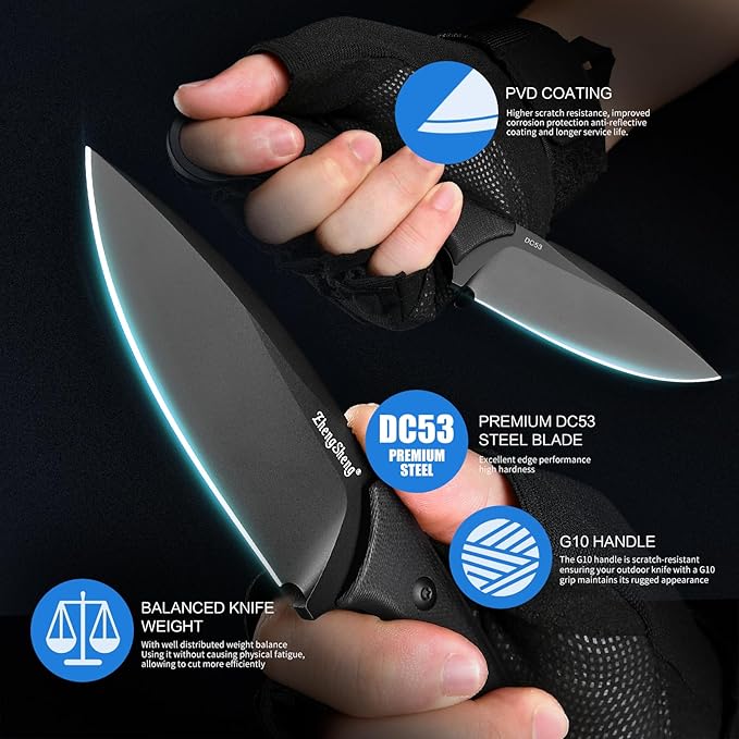 Fixed Blade Knife with Sheath, 3.5??DC53 Steel blade with Black Titanium Coating and G10 Handle Full Tang Outdoor Camping Hiking Survival Knives for Men Women