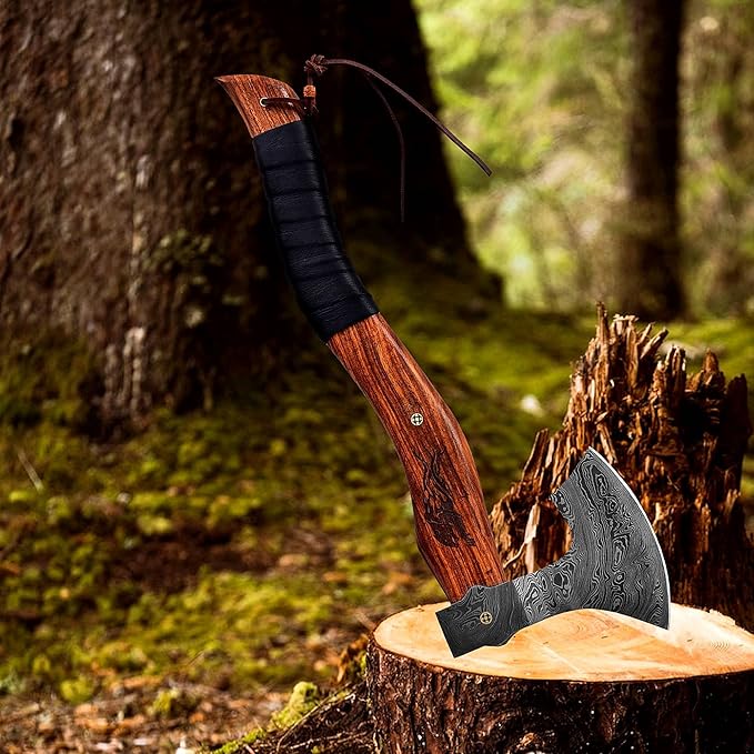 Dessi Damascus Steel Blade Axe Hatchet Tomahawk Hunting Knife Camping Outdoor. SM48