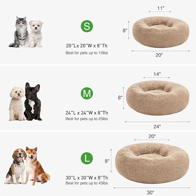 Love's cabin Calming Dog & Cat Bed, Cat Bed for Indoor Cats, Anti-Anxiety Donut Round Bed, Fluffy Warming Pet Bed for Small Medium Dogs and Cats, Beige Taupe 20"/24"
