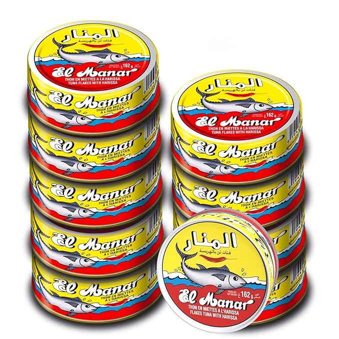 El Manar Solid Light Tuna in Harissa Sauce - 5.6 oz Pack of 3 - Canned Tuna Fish in Harissa ??Wild Caught Fresh Tuna with Harissa - Non-GMO - Gluten Free Tuna