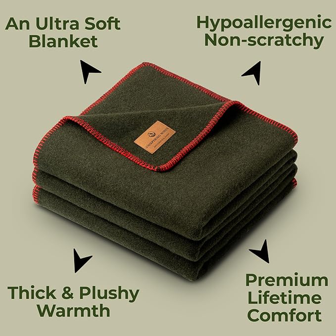 Whispering Winds 100% Wool Blanket - Premium Ultra-Soft, Thick, Warm, Large 60″x 84″ Bed & Camping Blanket for Indoor, Outdoor, Bushcraft & Survival