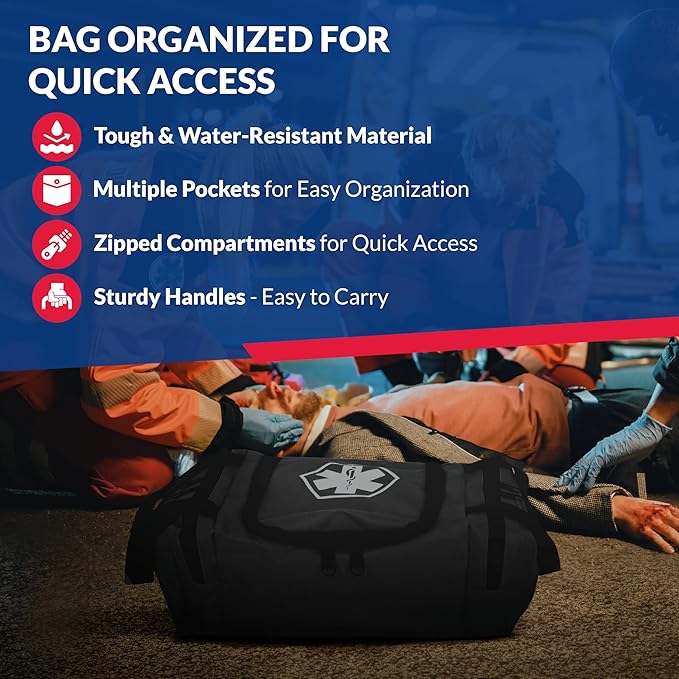 Fully Stocked Trauma First Aid Kit ??First Responder II Bag with Tools, Gauze, Bandages, Scissors & Gloves ??Compact & Portable ??OSHA and ANSI Compliant ??Black