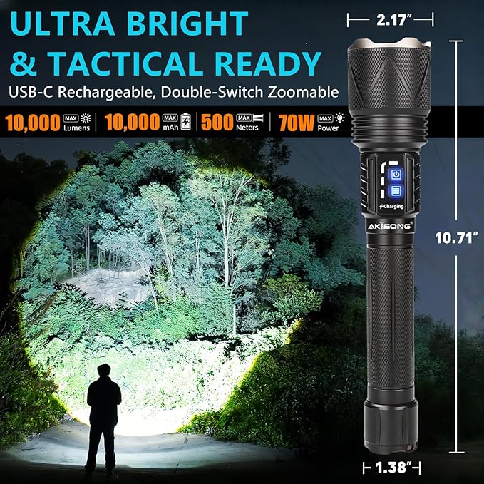 USB-C Rechargeable Tactical Flashlight 10000 High Lumens, XHP360 70W Super Bright LED Flash Lights with Zoomable & 1600ft Beam, Long Lasting Powered Handheld Flashlight for Home, Emergencies, Camping