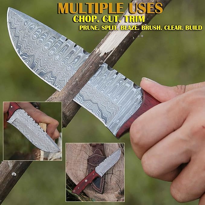 Custom Handmade Damascus Steel Fixed Blade Hunting Knife with Leather Sheath- 10inch Survival Hunting Knives for men- Belt Knife with Horizontal and Vertical carry- Bushcraft knife for Skinning Camping Outdoor