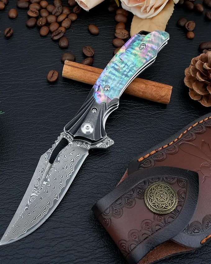 Damascus Pocket Knife for Women, 3.15" VG10 Damascus Steel Blade EDC Folding Knife with Sheath, Abalone Shells Handle, Ideal Gifts for Woman Men