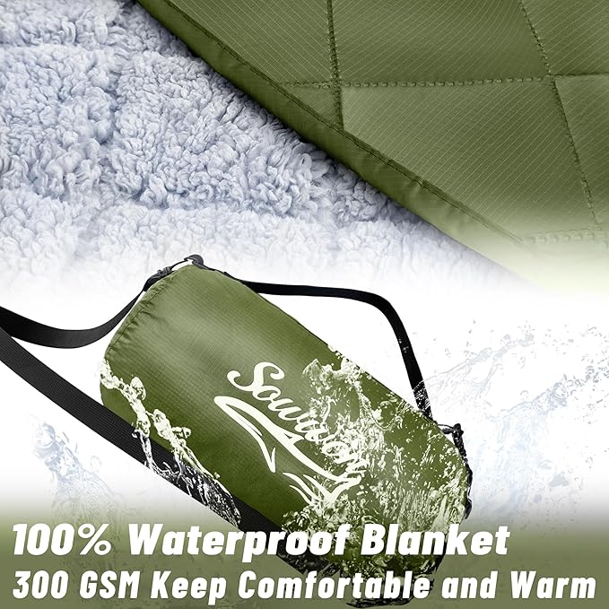 Waterproof Outdoor Blanket 82”X 55” Packable, Stadium Blankets for Camping with Sherpa Fleece Lining, Large Windproof Emergency Throw Mat for Garss Picnic Hiking Road Trip, Machine Washable, Green