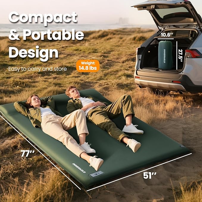 Double Camping Sleeping Pad with Electric Pump, 3.15" Thick 2 Person Self Inflating Memory Foam Mattress Pad with Pillow, Portable Sleeping Mat for Travel, Car, Tent, Home - Green, Full Size