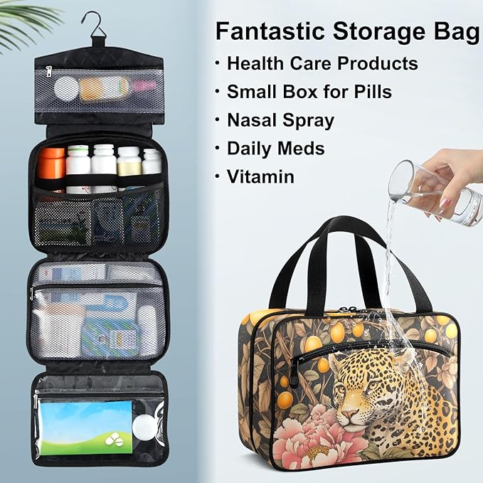 Fustylead Drawing Of Jaguar Animal in Peony Forest Travel Medicine Organizer Bag Home Storage First Aid Kit Large Pill Case with Zipper for Pill Bottle, Vitamins, and Medical Supplies