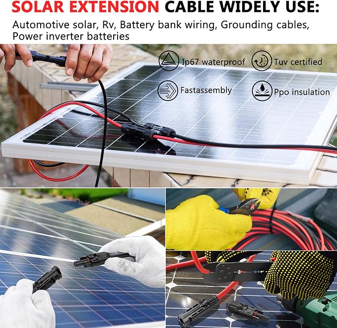 2x70 Feet Solar Panel Extension Cable, 10AWG Solar Cable, Solar Panel Cable with Female and Male Waterproof Connectors for RV, Photovoltaic Systems (70FT Red + 70FT Black)