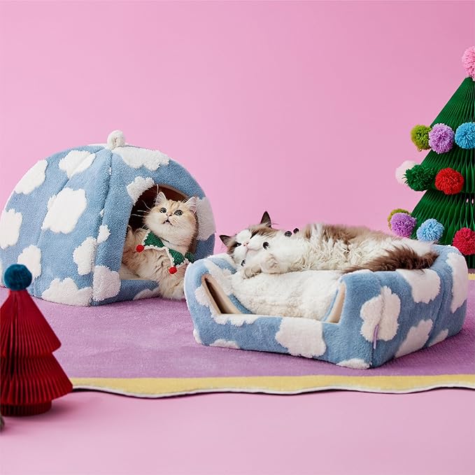 Lesure Cute Cat Beds for Indoor Cats - 2 in 1 Cat Cave Bed for Kittens and Small Pets with Removable Washable Cushioned Pillow, Cozy Kitten Tent with Non-Slip Bottom, Blue, 16 inches