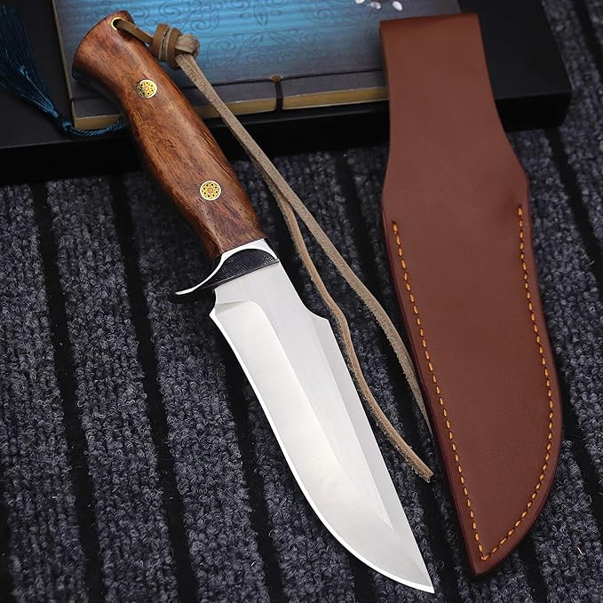 (USA 440C steel 10.5 inch outdoor hunting knife + leather sheath, suitable for outdoor travel, camping, survival, fishing, holiday gifts
