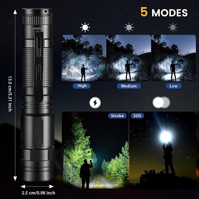 L21 2PCS Rechargeable Flashlight Super Bright 3000 High Lumens, 5 Modes Pocket Flashlight USB-C, Compact Flashlights for Emergency, Home (Black-2)
