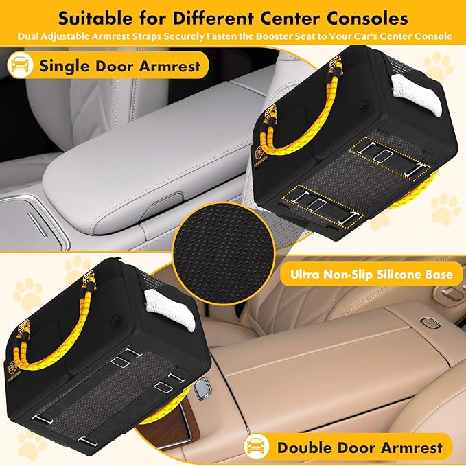 PAWZIDEA Center Console Dog Car Seat, Enclosed Secure Armrest Booster Seat for Small Dogs & Cats up 12lbs, Soft-Sided Travel Pet Carrier Safety Straps, Removable Pillow, Storage Pocket, Shoulder Strap