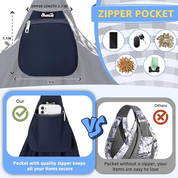 SlowTon Dog Carrier Sling - Thick Padded Shoulder Strap Adjustable Dog Carriers for Small Dogs, Puppy Carrier Purse for Pet Cat with Front Zipper Pocket Safety Belt Machine Washable (Dark Blue, L)