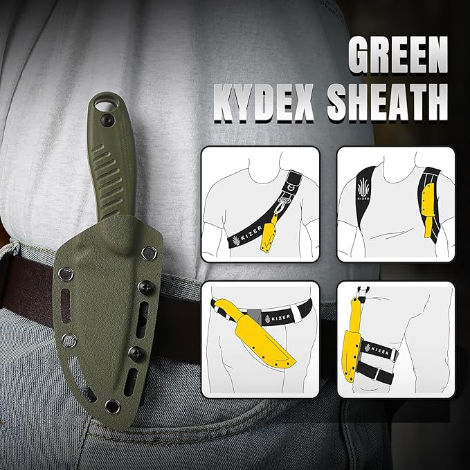 Kizer Hare Fixed Blade Knife with Sheath, 3.14" Nitro V Blade EDC Hunting Knife with Olive Green G10 Handle, Small Bushcraft Neck Knives, Outdoor Camping Knives for Men Women, 1077M2