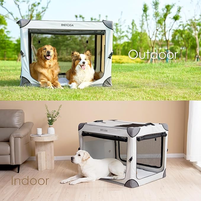 EHEYCIGA Collapsible Dog Crate 42 Inches, Portable Travel Crate for Extra Large Dogs, Soft Foldable Pet Kennel with 4-Door Mesh Windows Indoor & Outdoor, Grey