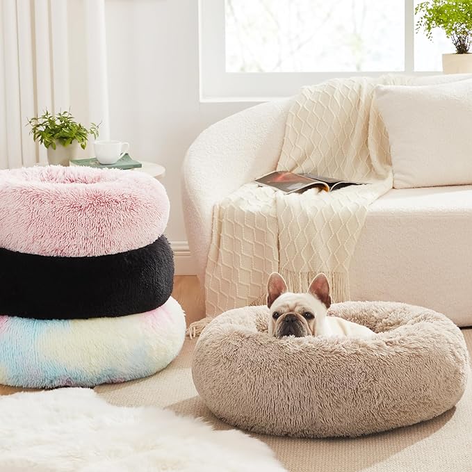 Love's cabin Calming Dog & Cat Bed, Cat Bed for Indoor Cats, Anti-Anxiety Donut Round Bed, Fluffy Warming Pet Bed for Small Medium Dogs and Cats, Beige Taupe 20"/24"