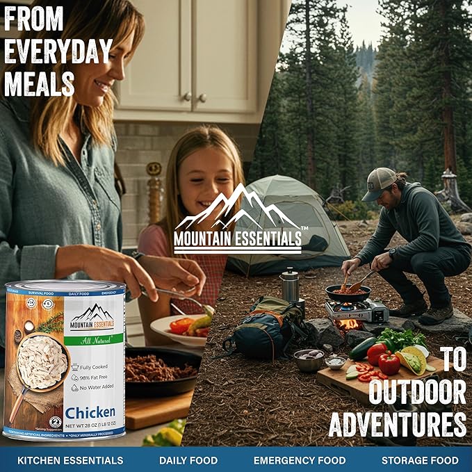 MOUNTAIN ESSENTIALS Fully Cooked Canned Chicken 28 Oz – White Meat for Daily Meals, Camping & Emergency Food – Great for Snack, Lunch, Dinner Recipes – 5-Year Shelf Life – Made in USA – Pack of 12