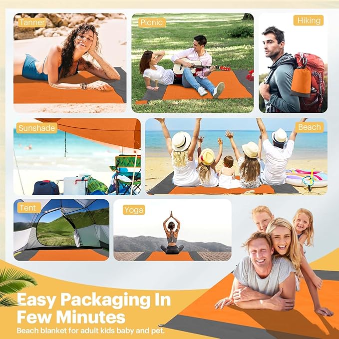 EASYFUN Beach Blanket Sandproof Oversized, 79''×83'' Extra Large Beach Mat, Portable Picnic Mat for Travel Camping Hiking, Lightweight Beach Essentials Family Water Resistant Mat Nylon 210T
