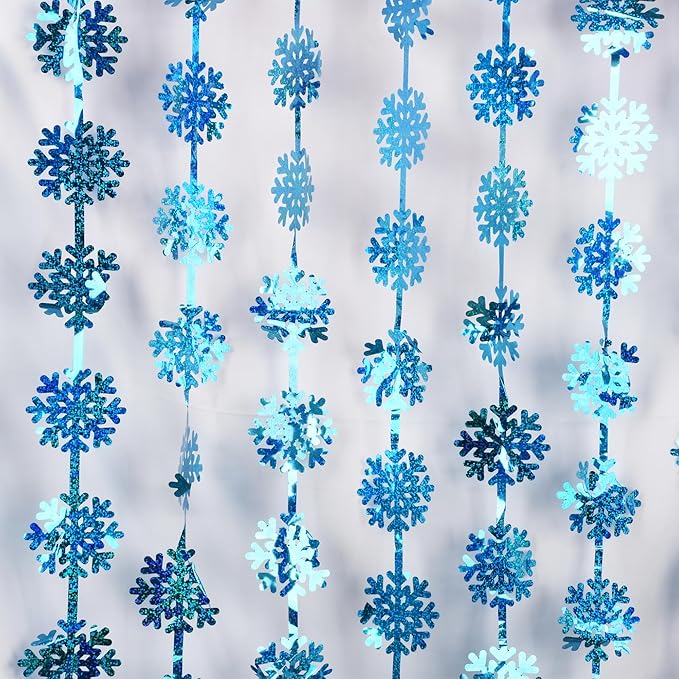 BRAVESHINE Blue Party Snowflake Backdrop - 2 Pack Hanging Foil Fringe Snow Flakes Party Streamers Curtain for Christmas Winter-Themed Frozen Birthday Baby Shower Holiday New Year Party Decorations