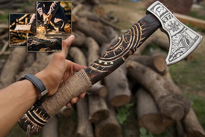 19” Hand Forged Viking Axe- Rose Wood Shaft Engraved Carbon Steel Bearded Axe for Camping- Viking Gift for Men(Norse Viking Axe)