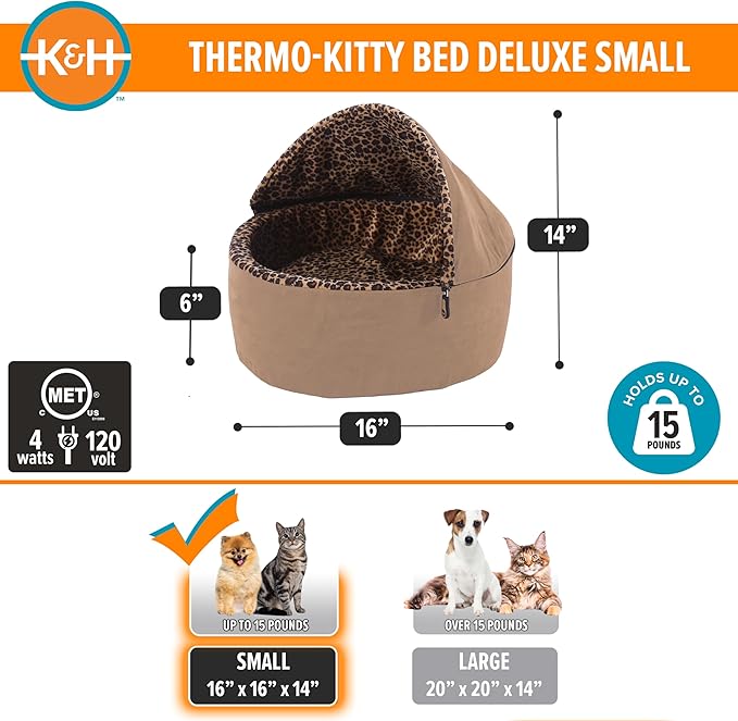 K&H Pet Products Thermo-Kitty Bed Deluxe Heated Cat Bed for Smaller Kitties - Indoor Heated Pet Bed for Dogs & Cats, Covered Cave Pet Tent, Machine Washable, Safety Listed - Small 16in Tan/Leopard