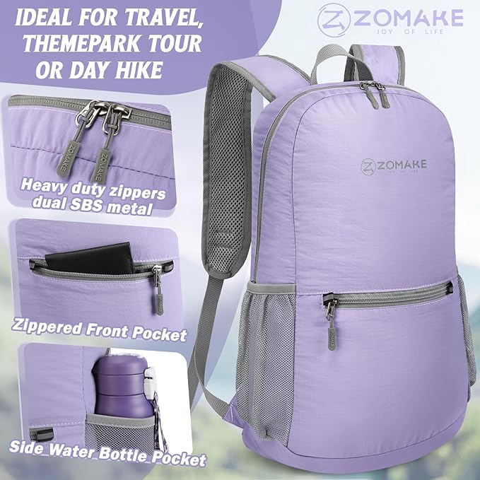 ZOMAKE Ultra Lightweight Hiking Backpack 20L - Packable Small Backpacks Water Resistant Daypack for Women Men(Lavender)