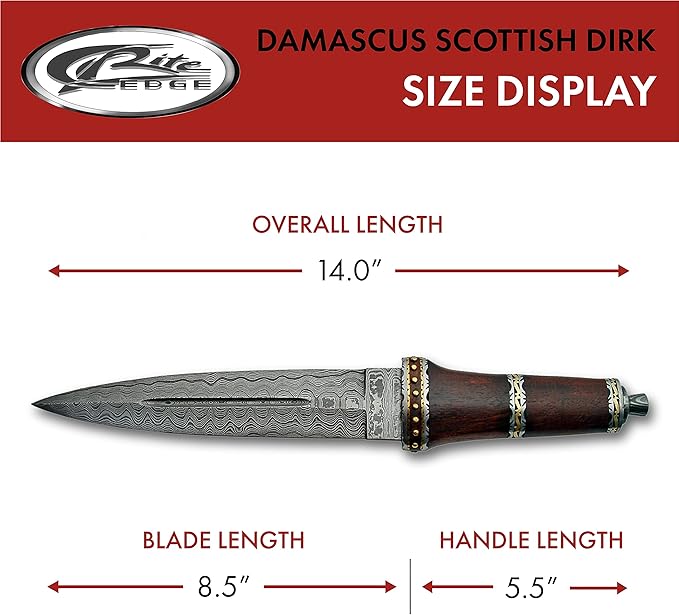 Szco Supplies 14"" Damascus Steel Scottish Style Dirk Knife with Leather Sheath, Brown, one Size (DM-1077)