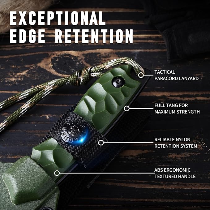 Fixed Blade Knife with Sheath, Tactical Knife for Men, Survival Knife with ABS Handle, Full Tang Design (Green-Black)
